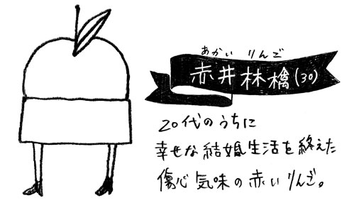 赤井林檎　20代のうちに幸せな結婚生活を終えた、傷心気味の赤いりんご。